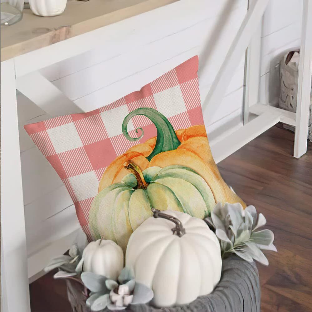 5866 Pink Fall Decorative Throw Pillow Covers Pumpkin Decor 16x16 Set of 4 - Picture 4 of 5